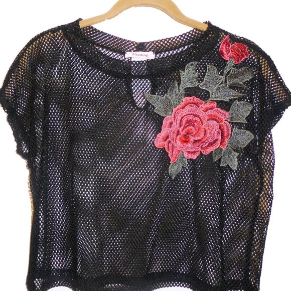 Top Cropped Black Mesh Embroidered see-through net short blouse shirt Retro - Picture 2 of 8